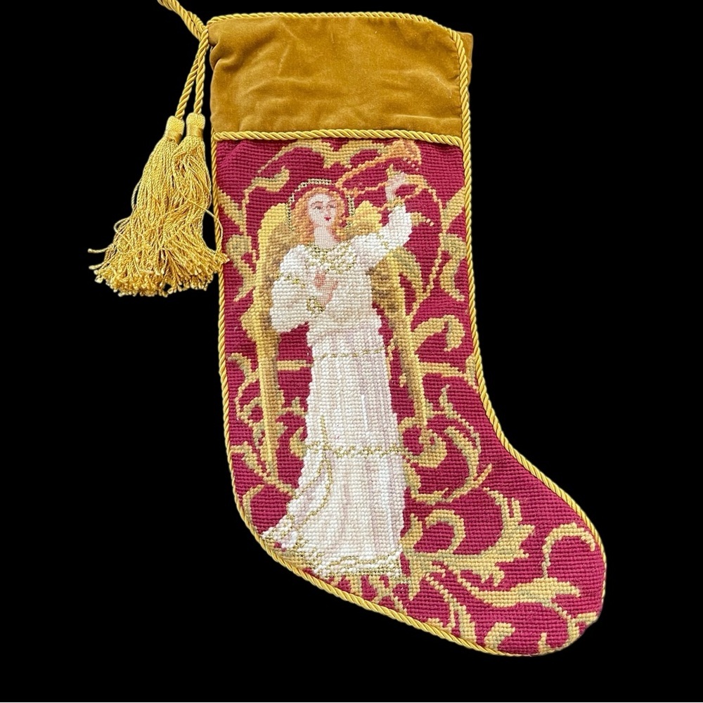 Vtg Needlepoint Christmas Stocking Angel Velvet Back Holiday Victorian Inspired